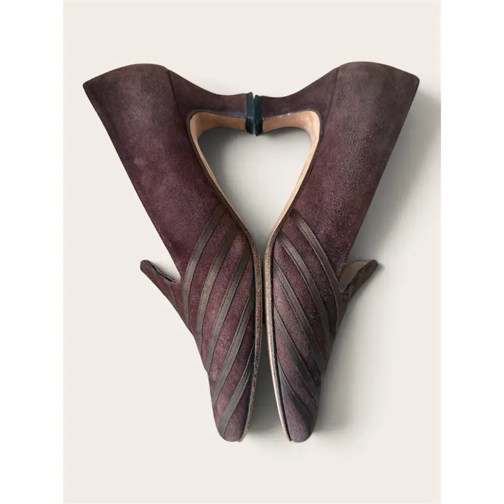 Vintage Bally Pumps 7.5 M Brown Suede Striped Low Heels Made In Italy
